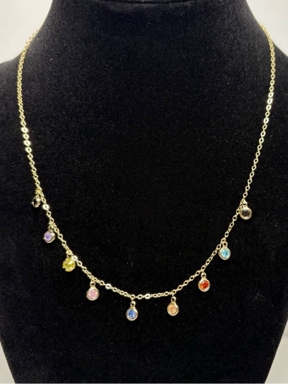 14k Filled Necklace w/ colorful crystal stones; 16.5 inches w/ 2” extender!